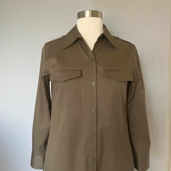 Theory Military Green Long Roll up Sleeve Button Up Cotton Casual Collared Dress - Picture 3 of 11